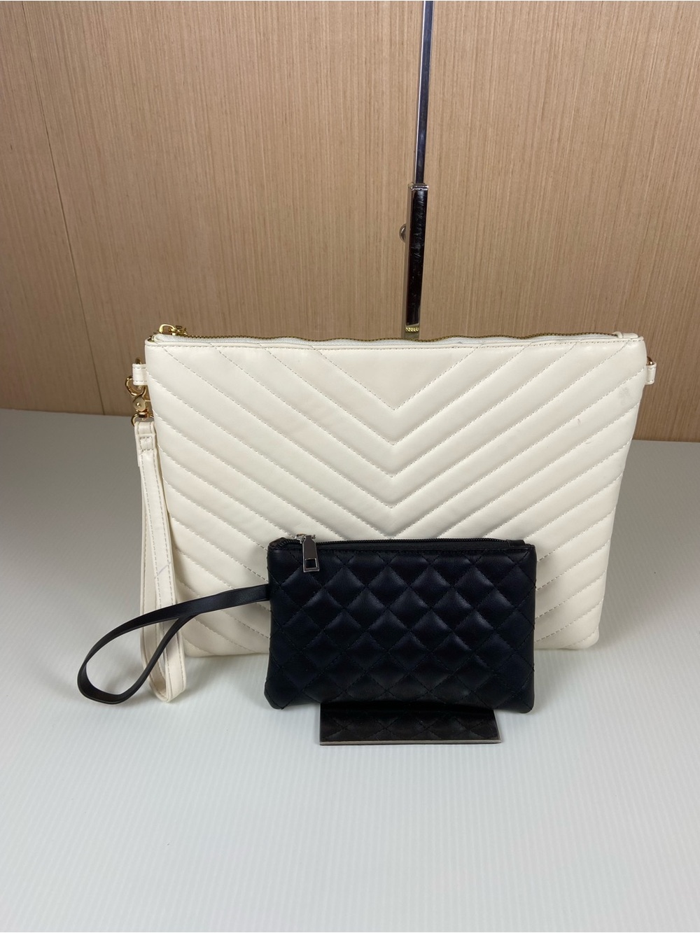 White Quilted Wristlet Clutch with Black Quilted Pouch